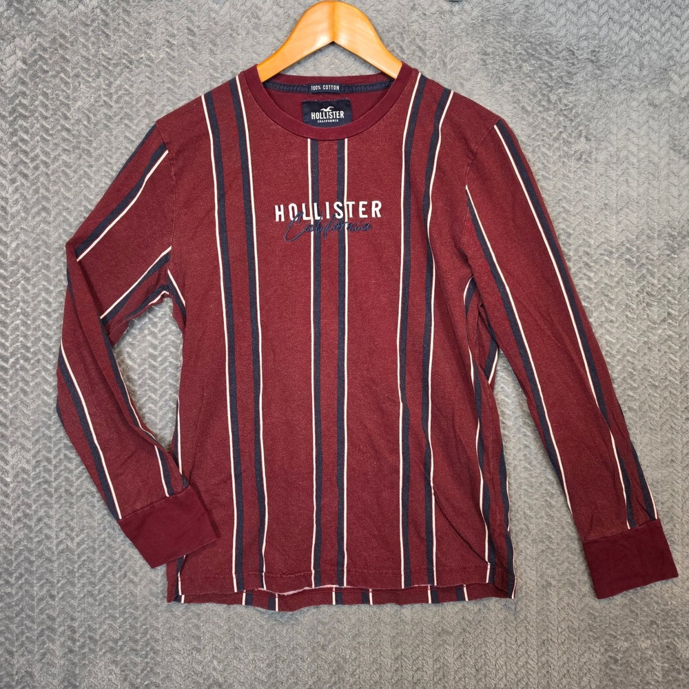 Hollister Mens Long Sleeve Striped Tee Burgundy Maroon Navy White Small 1896